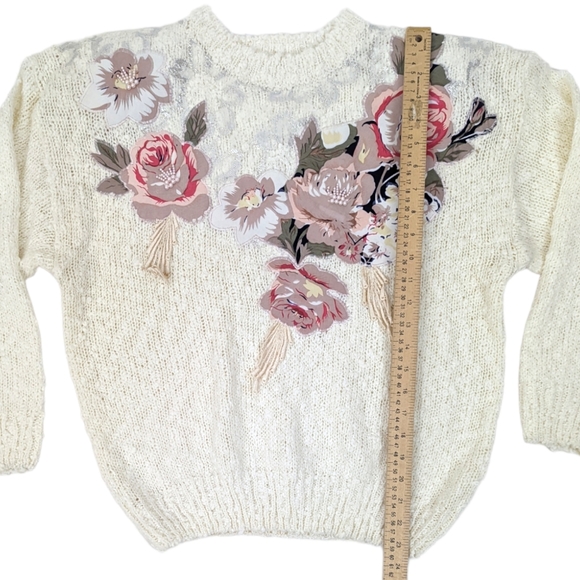 Vintage 80s Boucle Applique Rose Sweater Embellished Fairy Kei Kawaii Sz Large - Picture 5 of 12